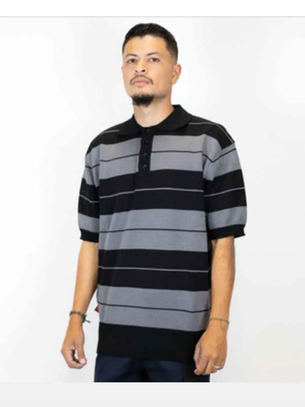 Men's Black and Gray Striped Polo Shirt